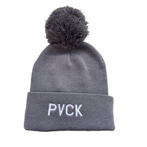 PVCK Hockey Beanie Hat with Pompom OS Gray White Cozy Knit Staple Outdoor Winter
